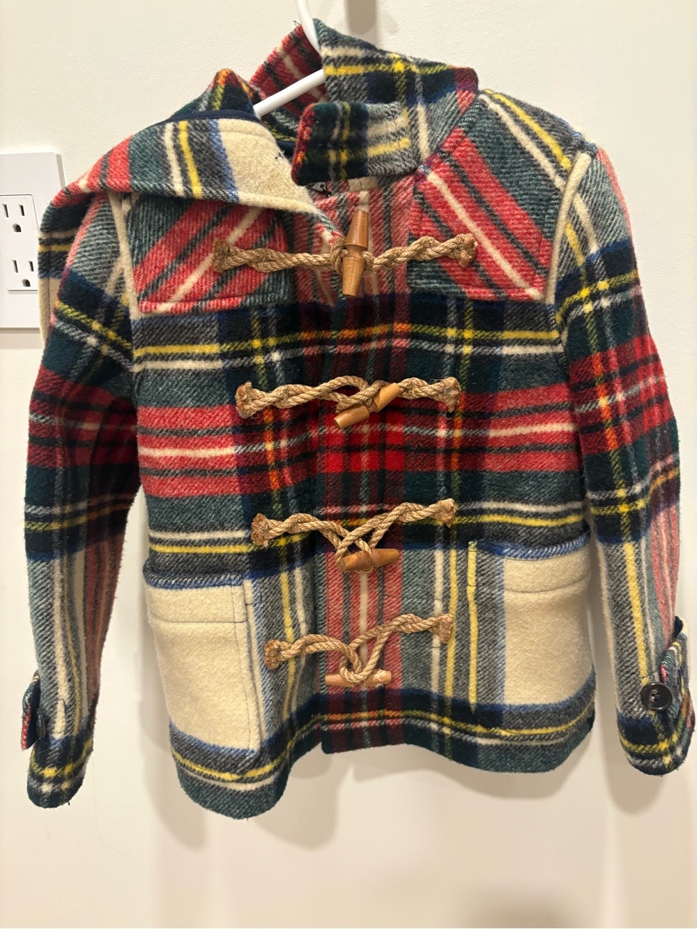 Kids Plaid Toggle Coat in Red & Cream
